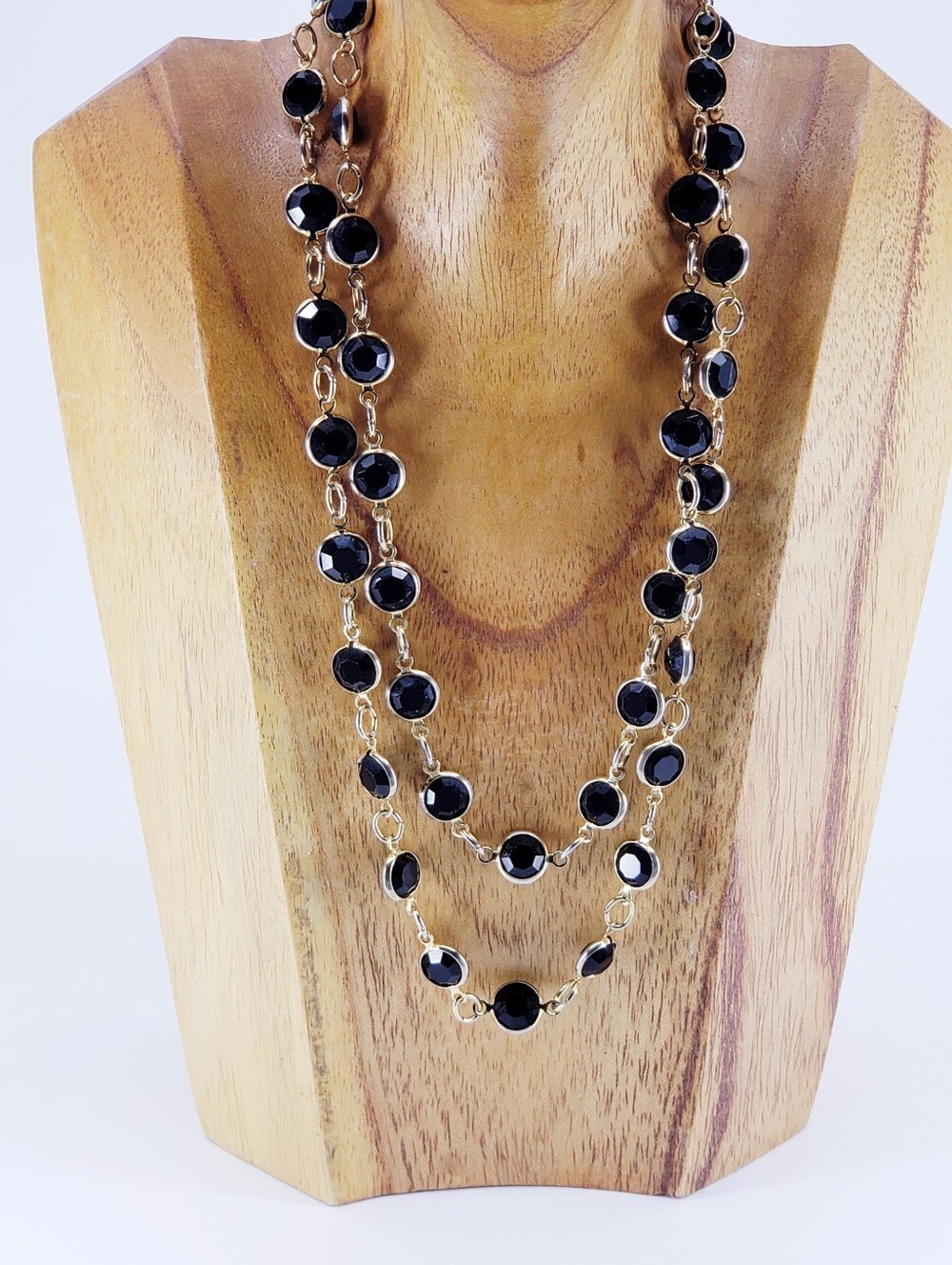 A2014 Gold Chain Necklace with Black Crystal Faceted Beads 15"